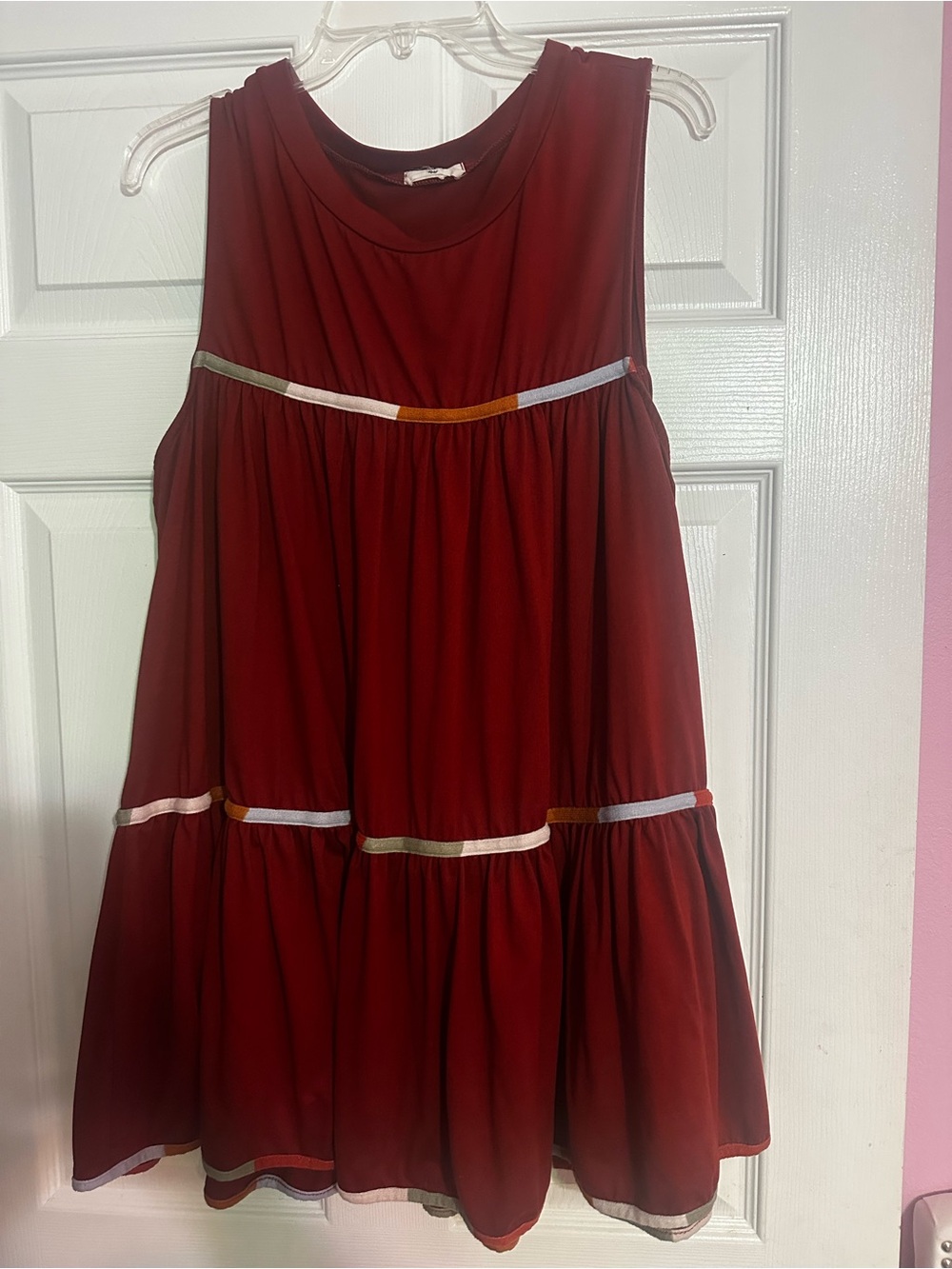 entro Burgundy Sleeveless Tiered Tunic with Metallic Trim